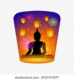 Vector illustration of burning paper lantern with sitting Buddha and colorful firecrackers pattern on transparent background