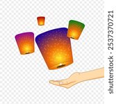 Vector illustration of burning paper lanterns with hand on transparent background