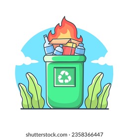 ilustración vectorial, cubo de basura en llamas, fondo blanco