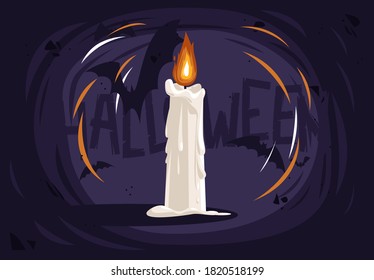 Vector illustration of a burning wax candle on a dark background with silhouettes of bats for the Halloween holiday