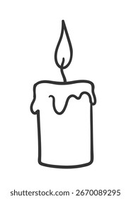 Vector illustration of a burning wax candle with dripping effect in black and white line art. Isolated doodle object.