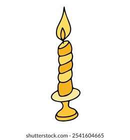 Vector illustration. Burning yellow candle on a stand. Cartoon design element