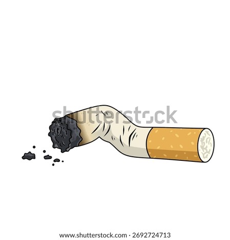 Vector illustration of a burnt cigarette butt with ashes. Concept of smoking habit, pollution, waste, or stop smoking campaign. Suitable for health awareness and education design