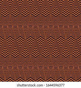 Vector illustration of burnt orange and black warped zigzags and stripes. Tribal texture, textile rapport. Seamless repeat pattern for gift wrap, textile, fabric, scrapbooking and fashion.