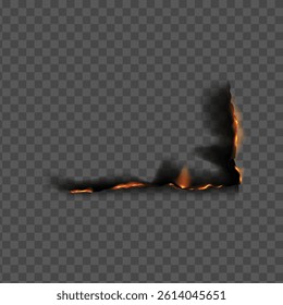 Vector illustration of burnt paper corner border with charred edge and fire. Smoldering fragment. For art projects, frame, effects and overlay. Isolated transparent background.