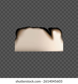 Vector illustration of a burnt piece of paper with charred torn edges. Damaged sheet with ash on isolated transparent background. For design, effects or texture overlay