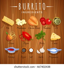 vector illustration of burritos. on wooden background. ingredients