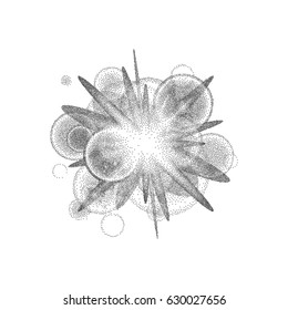 Vector illustration of burst and rounded circles background consist of black dots on white backdrop. Abstract dotted geometric template with halftone effect
