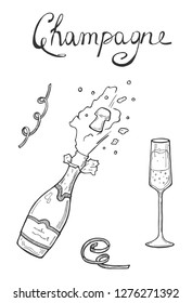 Vector illustration of a bursting opening Champaign bottle with splashes and glass. Hand drawn sketch doodle style.