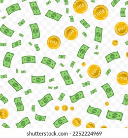 Vector illustration of Burundi franc currency. Random pattern of banknotes and coins in green and gold colors on transparent background (PNG). 