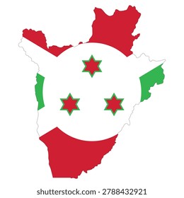 Vector illustration of Burundi in the shape of its national borders, filled with the Burundian flag colors. Clean flat design featuring white diagonal cross dividing green and red fields with three red stars outlined in green. Minimal geographic silhouette suitable for education, travel, and infographic use. Isolated scalable composition for digital and print projects.