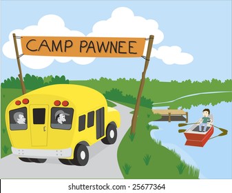 Vector Illustration Of A Bus Arriving At Camp.