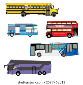 Vector illustration of bus icon set, various iconic buses