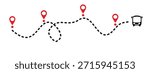 Vector illustration of a bus route with dotted lines and location marker icons. Travel navigation, transportation, road map, winding, straight with flat design.