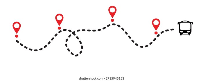 Ilustración vectorial de una ruta de autobús con líneas punteadas e íconos de marcadores de ubicación. Navegación de viaje, transporte, hoja de ruta, sinuoso, recto con diseño plano.