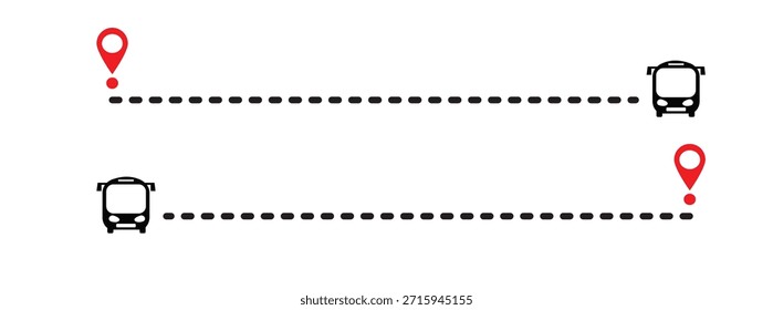 Ilustração vetorial de uma rota de barramento com linhas pontilhadas e ícones de marcador de localização. Navegação de viagem, transporte, mapa rodoviário, enrolamento, direto com design plano.