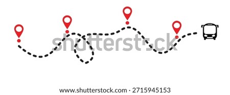 Vector illustration of a bus route with dotted lines and location marker icons. Travel navigation, transportation, road map, winding, straight with flat design.