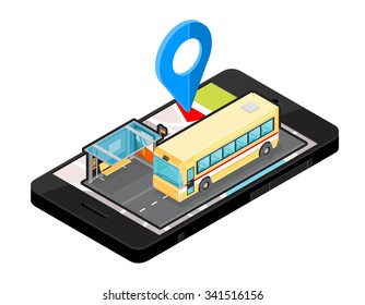 A vector illustration of a Bus station route locater.
Icon illustration of an Isometric Bus Stop map on Mobile phone .
Wireless device with locater navigation map app device.