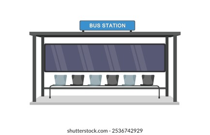 Vector illustration of bus station scene in cartoon flat style. Bus stop design with chair space. Modern public transportation system in urban view. Icon for infographic, logo, digital resources.