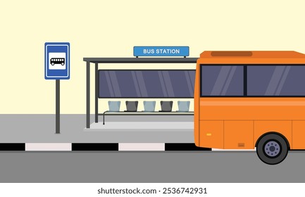 Vektorgrafik der Busbahnhofsszene im Cartoon-Flachstil. Bushaltestelle Design mit Stuhlplatz. Modernes öffentliches Verkehrssystem in städtischer Sicht. Symbol für Infografik, Logo, digitale Ressourcen.
