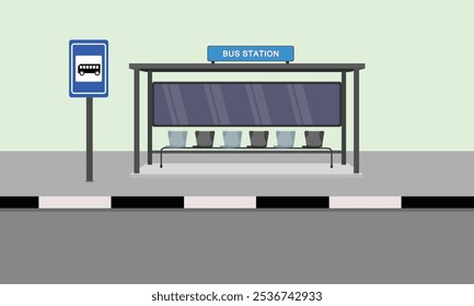 Ilustración vectorial de la escena de la estación de autobuses en estilo plano de dibujos animados. Diseño de parada de autobús con espacio para silla. Moderno sistema de transporte público en vista urbana. Icono para infografía, logotipo, recursos digitales.
