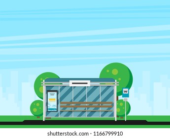 Vector Illustration of Bus Stop with City Skyline. Flat Design Style.