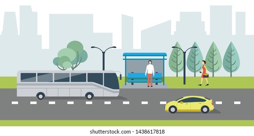 Vector Illustration of Bus Stop with City Skyline.