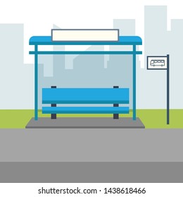 Vector Illustration of Bus Stop with City Skyline.