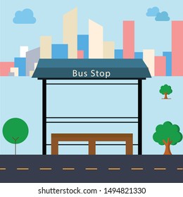 Vector Illustration of Bus Stop with City Skyline and River with Boat in Background. Flat Design Style