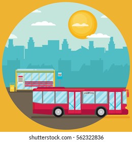 Vector Illustration of Bus Stop with City Skyline and Bus. Flat Design Style.