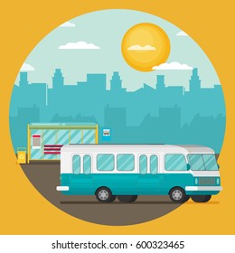 Vector Illustration of Bus Stop with City Skyline and Bus. Flat Design Style.