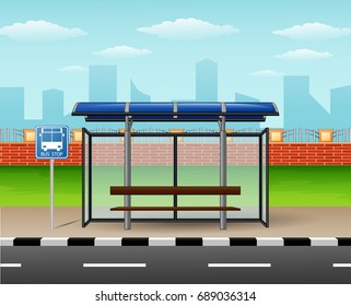 Vector illustration of Bus stop with city skyline background