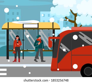 Vector illustration of a bus stop and a bus. A girl and a guy are waiting for the bus. Winter, cold, street, city, snow. Bus stop. red transport