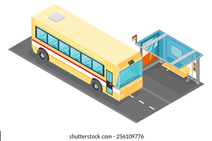 A vector illustration of a bus and bus stop. Isometric Bus. Public transportation with bus stop.