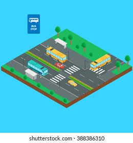 Vector illustration. Bus stop and road. Bus, bus stop, cars, bus stop sign