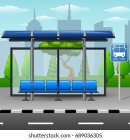 Vector illustration of Bus stop with trees on city skyline background