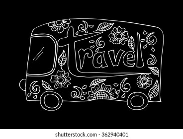 Vector illustration with bus and text travel. Hand drawing illustration.

