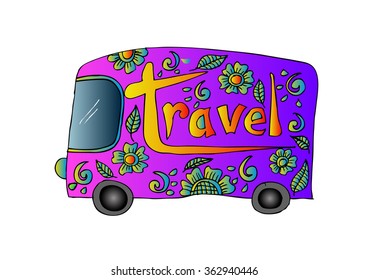 Vector illustration with bus and text travel. Hand drawing illustration.

