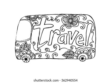 Vector illustration with bus and text travel. Hand drawing illustration.