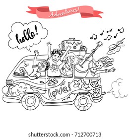 Vector illustration with the bus and young people. Hippie bus. Boy, girl and the bus. The van. Guy and girl are traveling by bus.
