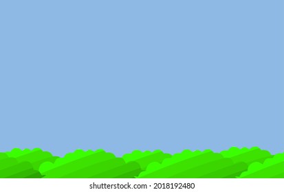 Vector illustration of bush or plants coloured green with blue sky as background. Background and nature. 