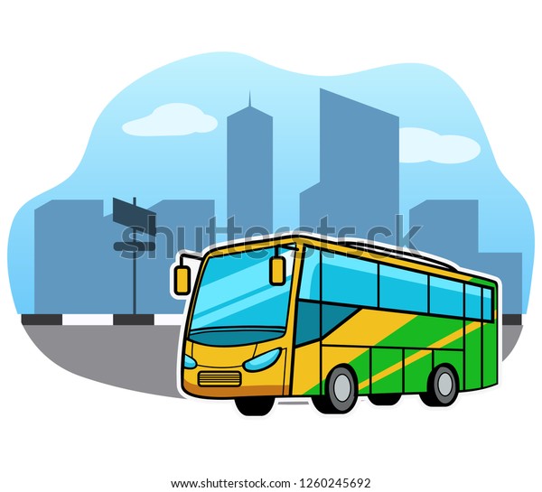 Vector illustration of busin front of city facade.