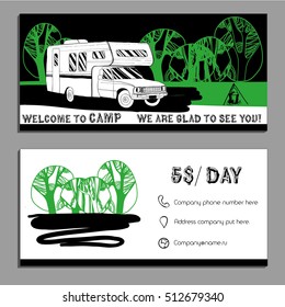 Vector illustration of Busines card, flyer, leaflet with cars Recreational Vehicles Camper Vans Caravans icon, card template, invitation Transport for Camp.