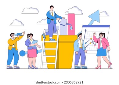 Vector illustration of business analysis of column graphs, rise of the career to success with people characters.