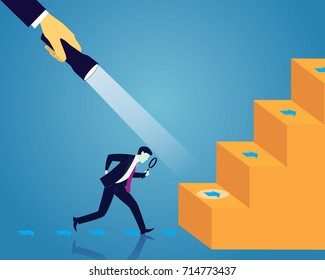 Vector illustration. Business analytics concept. Businessman looking trough magnifying glass to investigate direction clue to be successful in finance, career and self development