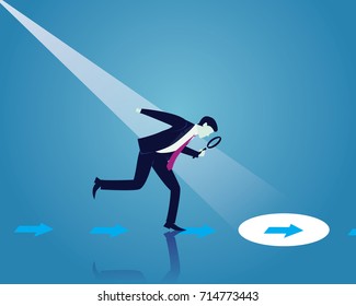 Vector illustration. Business analytics concept. Businessman looking trough magnifying glass to investigate direction clue to be successful in finance, career and self development