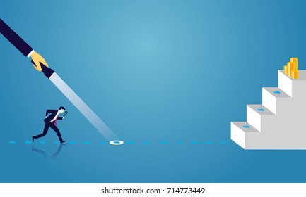 Vector illustration. Business analytics concept. Businessman looking trough magnifying glass to investigate direction clue to be successful in finance, career and self development