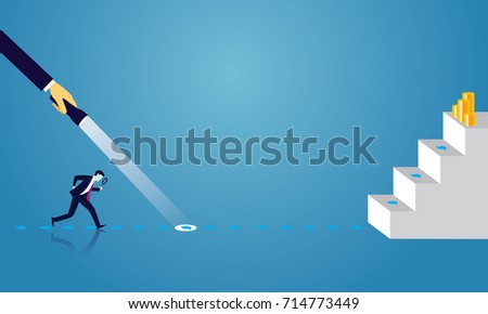 Vector illustration. Business analytics concept. Businessman looking trough magnifying glass to investigate direction clue to be successful in finance, career and self development