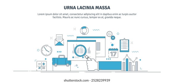 Ilustración vectorial de análisis de negocio con gráficas de datos, análisis de informes, tareas de trabajo, planificación y gestión de estrategias de negocio. Diseño de iconos de línea delgada.