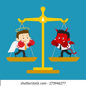 Vector illustration - Business Angel and Devil are boxing on a scale